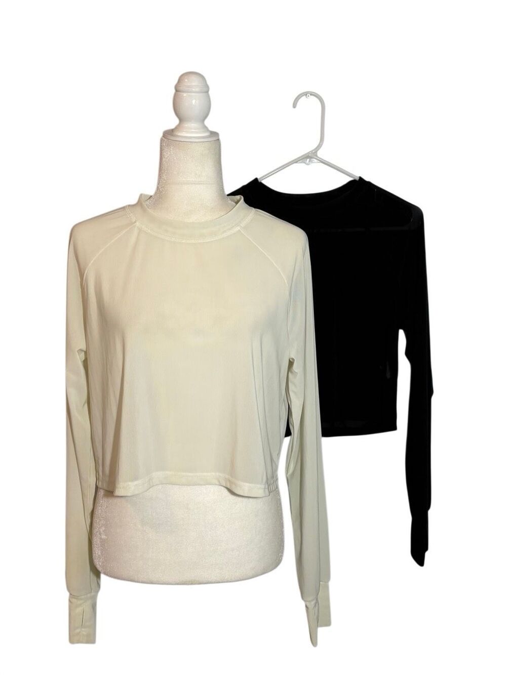 2 BuffBunny long sleeve semi-sheer cropped tops ivory and black - L